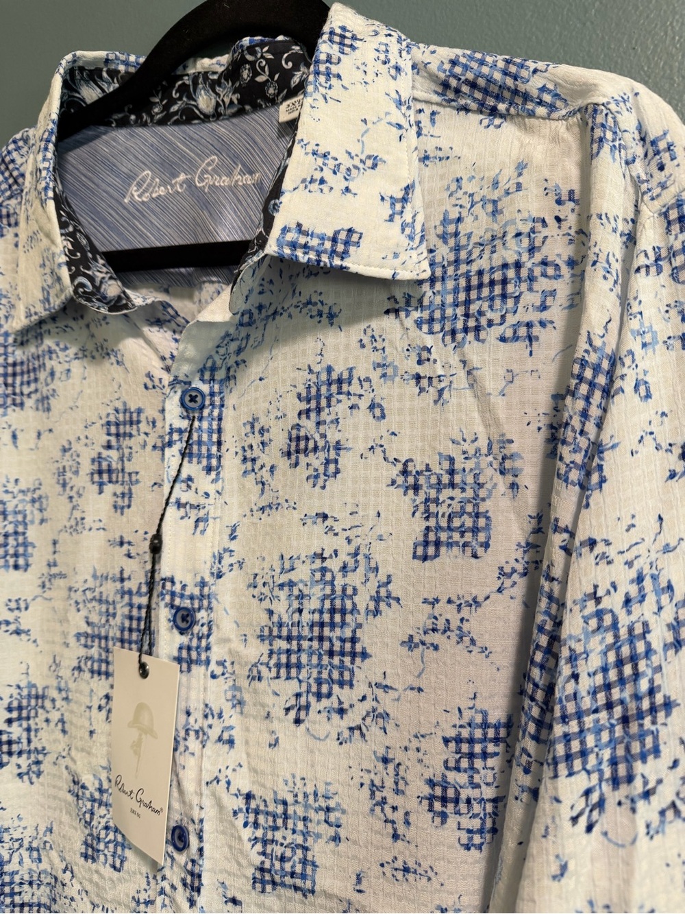 Robert Graham Button Down Mens 3XL Blue Angola Floral Gingham Long Sleeve Shirt